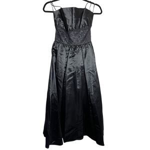 80s Y2K Jessica McClintock Gunne Sax All Black Satin Dress Floral Lace Size 9